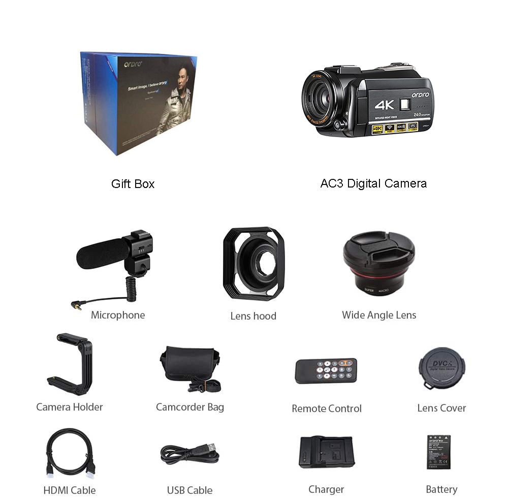 Video Camera 4K Camcorder Professional Ordro AC3 IR